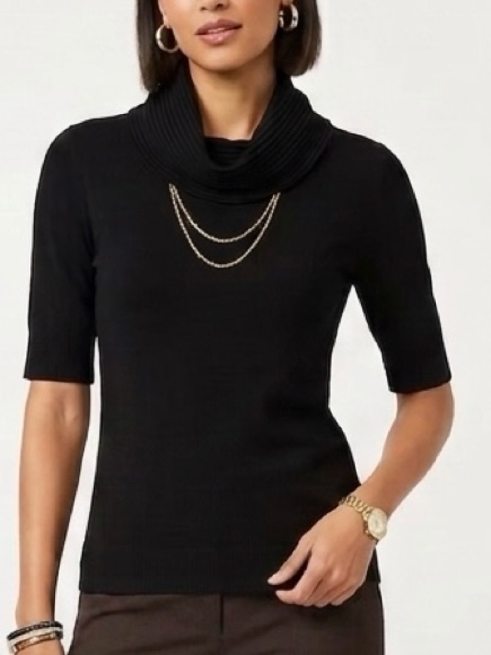 Black Cowl Neck Short Sleeve Knit Top Ribbed Collar Blouse 1846